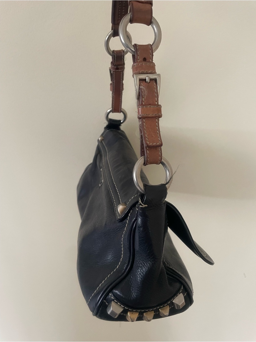 Prada Black Leather Shoulder Bag with Brown Strap and Stud Accents - Picture 5 of 6